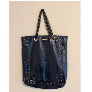 Rebecca Minkoff Black Leather Studded Tote Bag Gold Pyramid Studs Leopard Lining